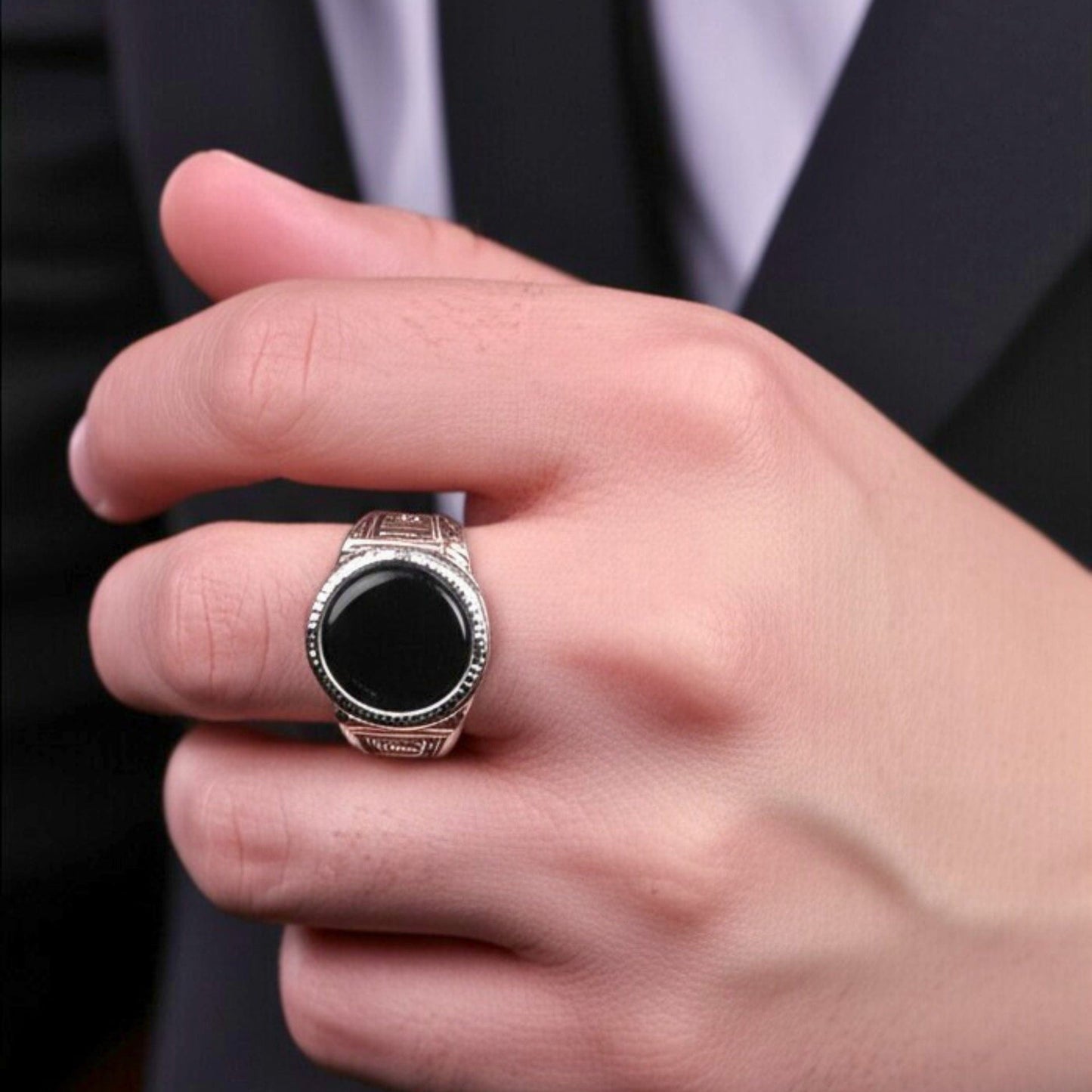 THE MEN THING Rings Royal Series - BLACK PYRE SIGNET RING - Pure Stainless Steel Men’s Steel-Plated Ring – Statement Luxury Jewelry (Size : -17-19-21-24-27)