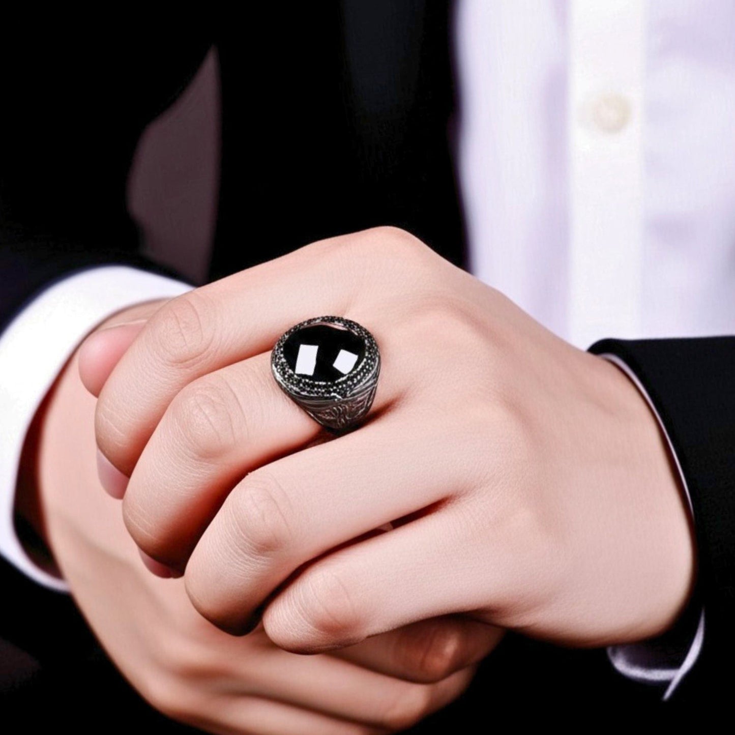 THE MEN THING Rings Royal Series - BLACKFIRE SIGNET RING - Pure Stainless Steel Men’s Black-Plated Ring – Statement Luxury Jewelry (Size : 18-21-23)