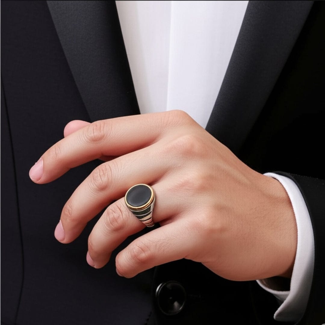 THE MEN THING Rings Royal Series - BLACKSTAR HALO RING - Pure Stainless Steel Men’s Steel-Gold-Plated Ring – Statement Luxury Jewelry (Size : 19-22-24-27)
