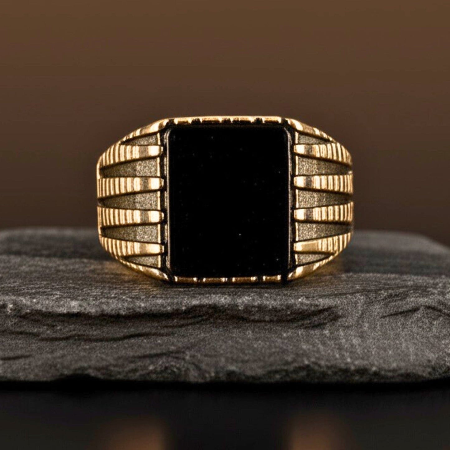 THE MEN THING Rings Royal Series - BLACKSTONE SOVEREIGN RING - Pure Stainless Steel Men’s Rose Gold-Plated Ring – Statement Luxury Jewelry (Size : 16-19-21-24)