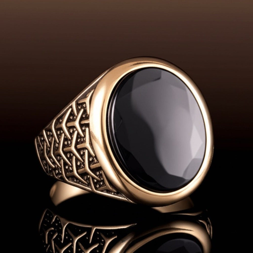 THE MEN THING Rings Royal Series - CONYX STAR RING - Pure Stainless Steel Men’s Gold-Plated Ring – Statement Luxury Jewelry (Size : 19-21-23)