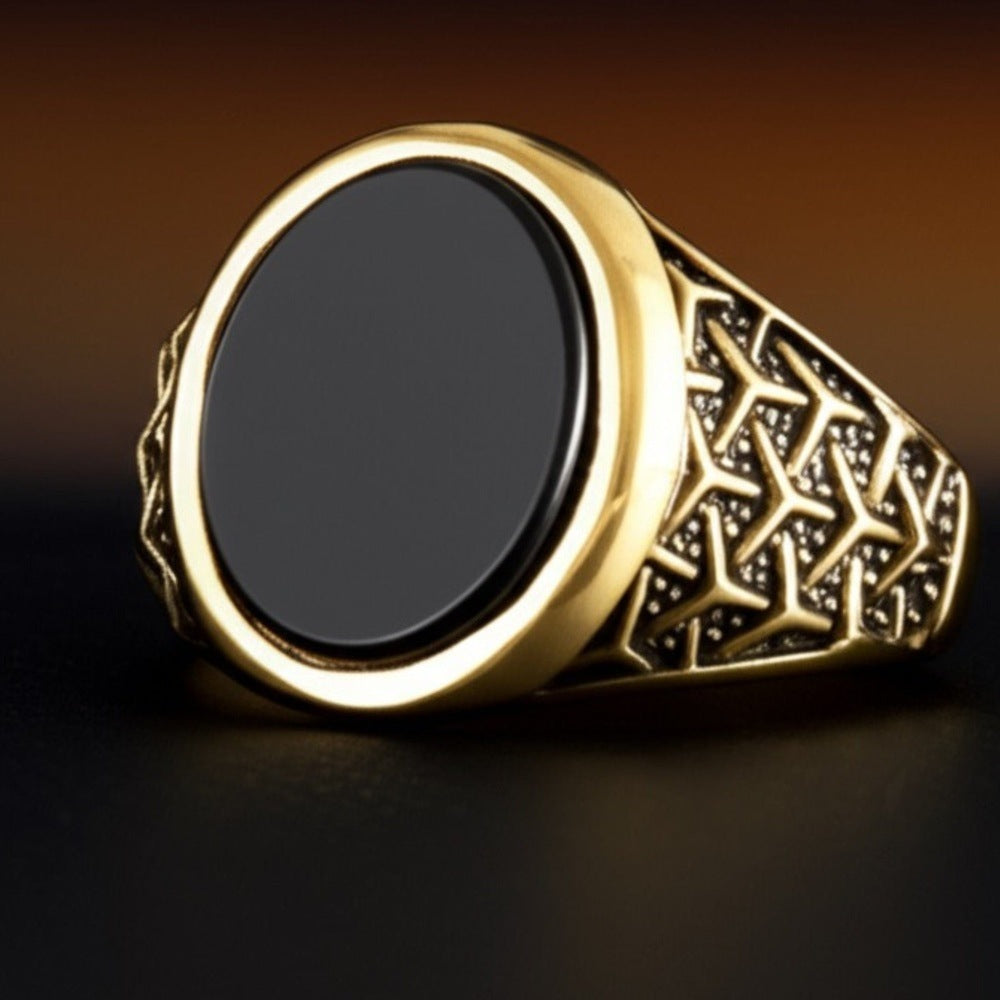 THE MEN THING Rings Royal Series - CONYX STAR RING - Pure Stainless Steel Men’s Gold-Plated Ring – Statement Luxury Jewelry (Size : 19-21-23)