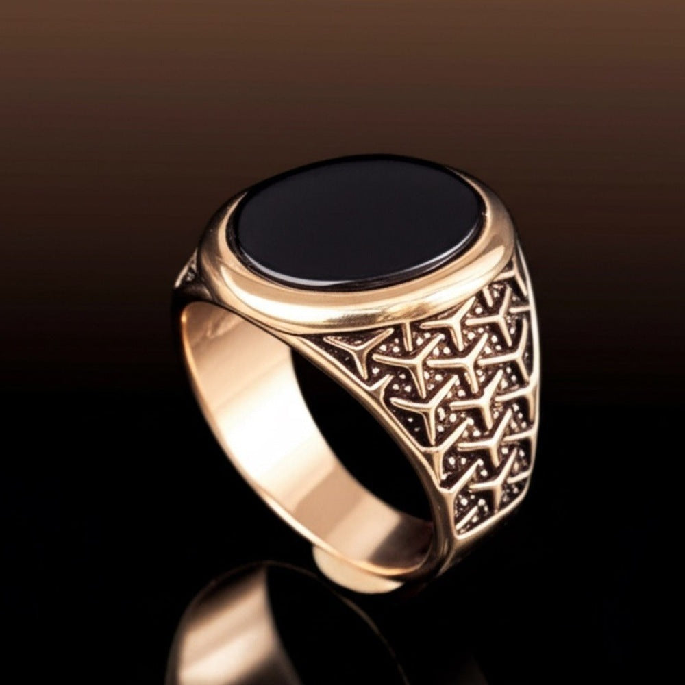 THE MEN THING Rings Royal Series - CONYX STAR RING - Pure Stainless Steel Men’s Gold-Plated Ring – Statement Luxury Jewelry (Size : 19-21-23)