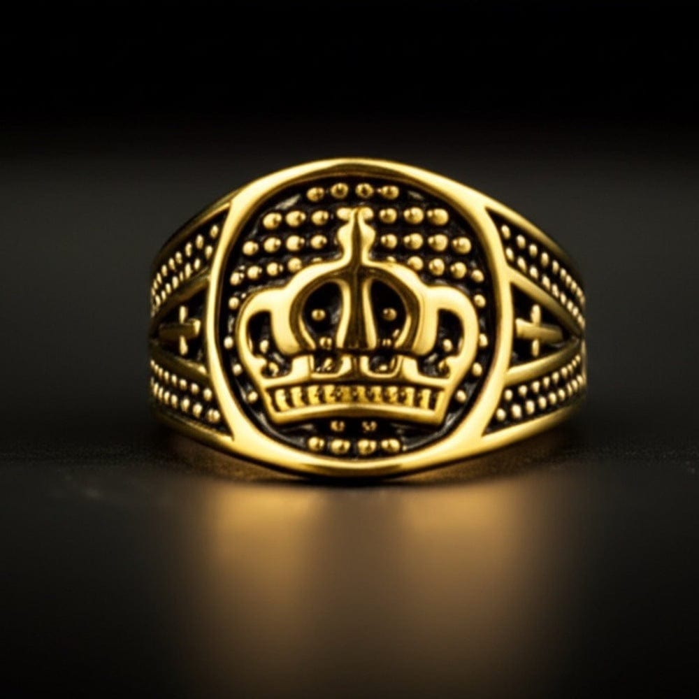 THE MEN THING Rings Royal Series - CROWN VALOR RING - Pure Stainless Steel Men’s Gold-Plated Crown Ring – Statement Luxury Jewelry (Size : 19-22-24)