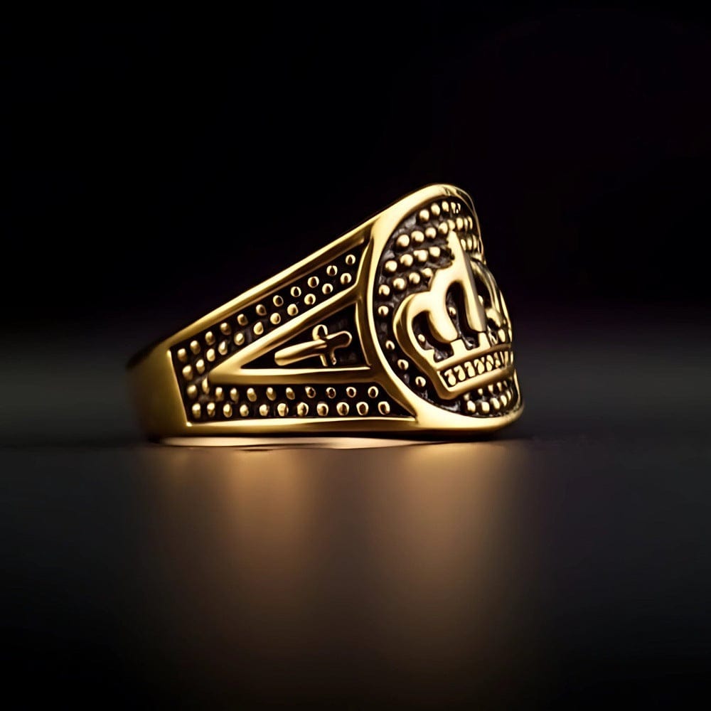 THE MEN THING Rings Royal Series - CROWN VALOR RING - Pure Stainless Steel Men’s Gold-Plated Crown Ring – Statement Luxury Jewelry (Size : 19-22-24)