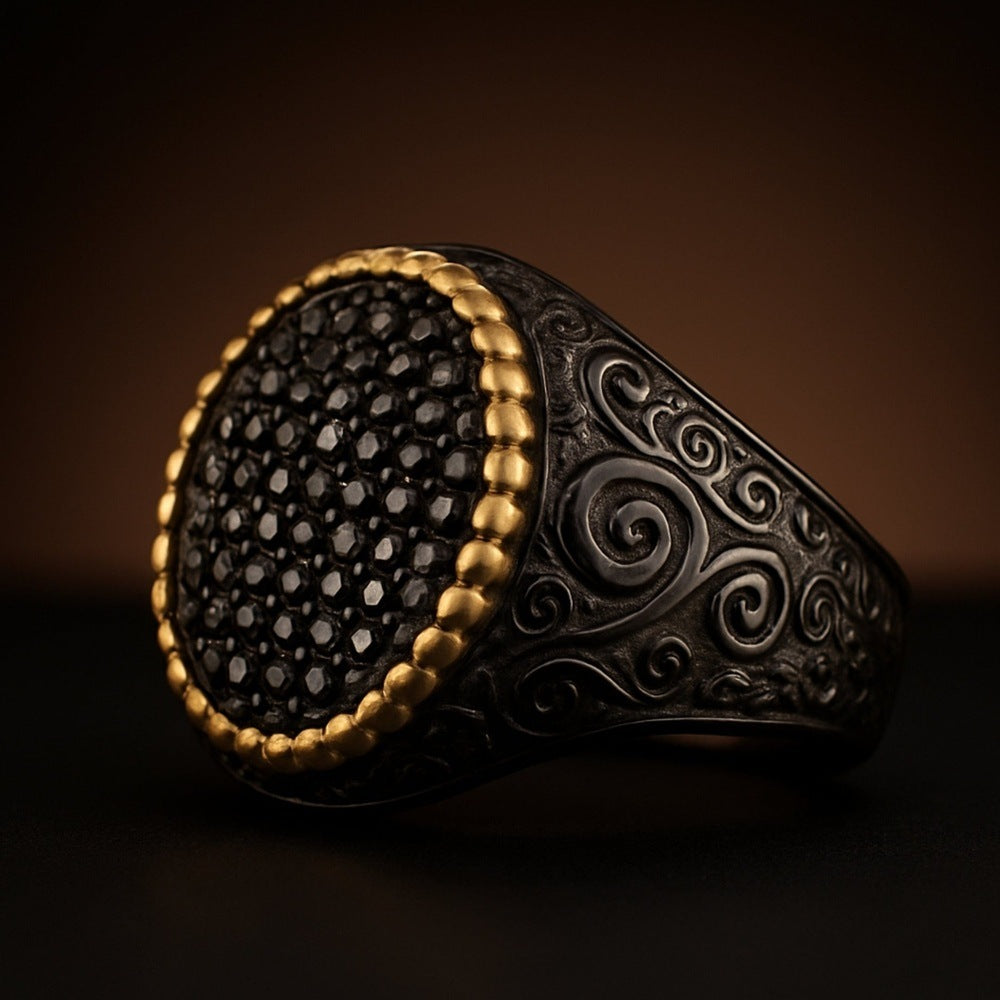 THE MEN THING Rings Royal Series - DARK HALO RING - Pure Stainless Steel Men’s Steel-Plated Black-Gold Ring – Statement Luxury Jewelry (Size : 19-22-24)