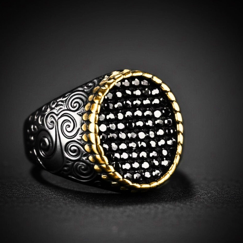 THE MEN THING Rings Royal Series - DARK HALO RING - Pure Stainless Steel Men’s Steel-Plated Black-Gold Ring – Statement Luxury Jewelry (Size : 19-22-24)