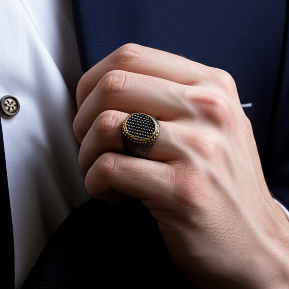 THE MEN THING Rings Royal Series - DARK HALO RING - Pure Stainless Steel Men’s Steel-Plated Black-Gold Ring – Statement Luxury Jewelry (Size : 19-22-24)