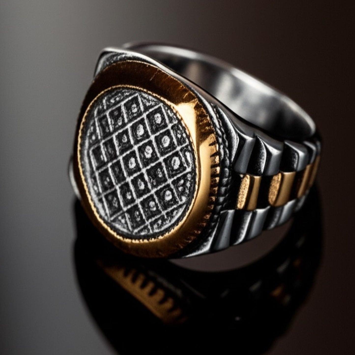 THE MEN THING Rings Royal Series - DOMINION GRID RING - Pure Stainless Steel Men’s Silver Gold-Plated Ring – Statement Luxury Jewelry (Size : 19-22-24)