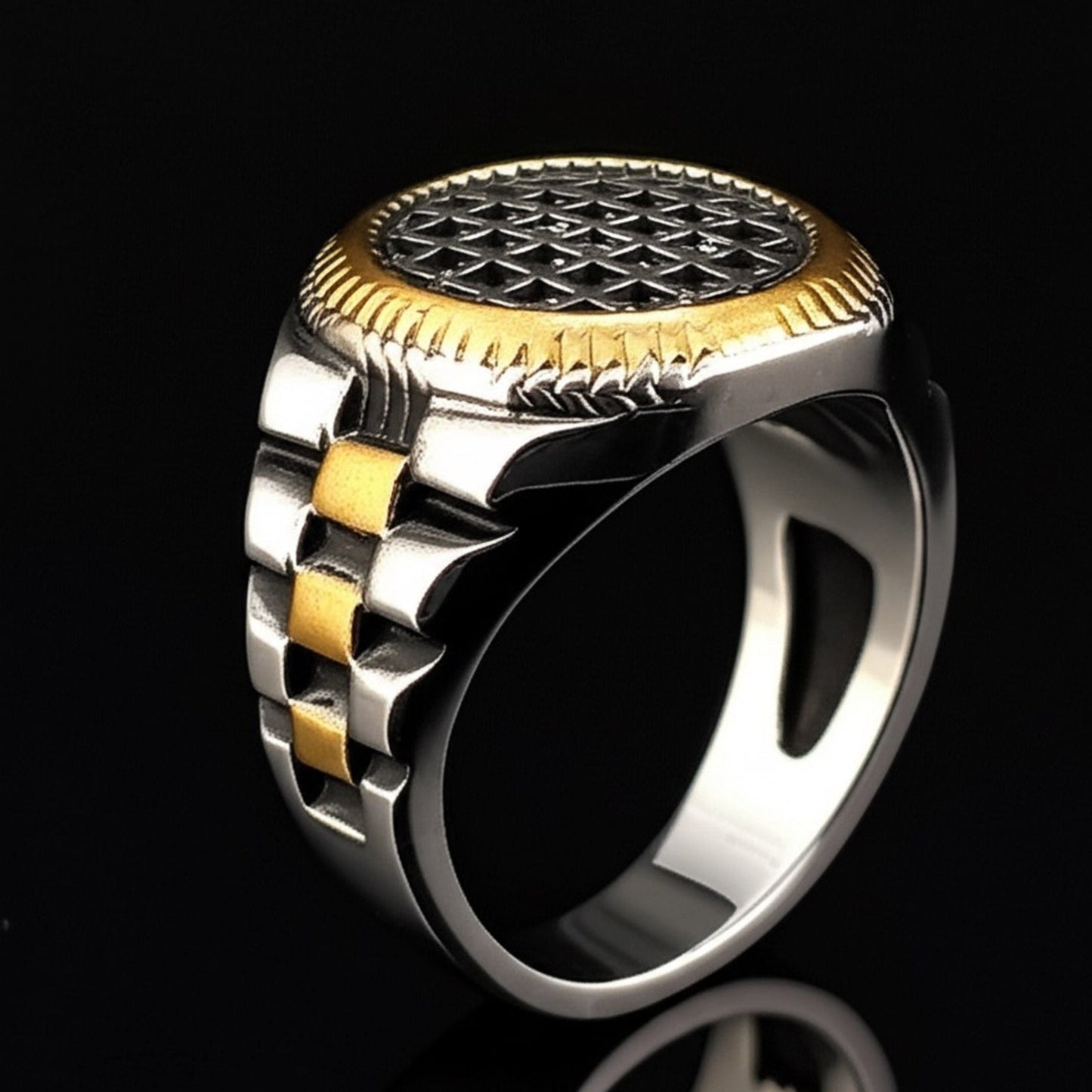 THE MEN THING Rings Royal Series - DOMINION GRID RING - Pure Stainless Steel Men’s Silver Gold-Plated Ring – Statement Luxury Jewelry (Size : 19-22-24)