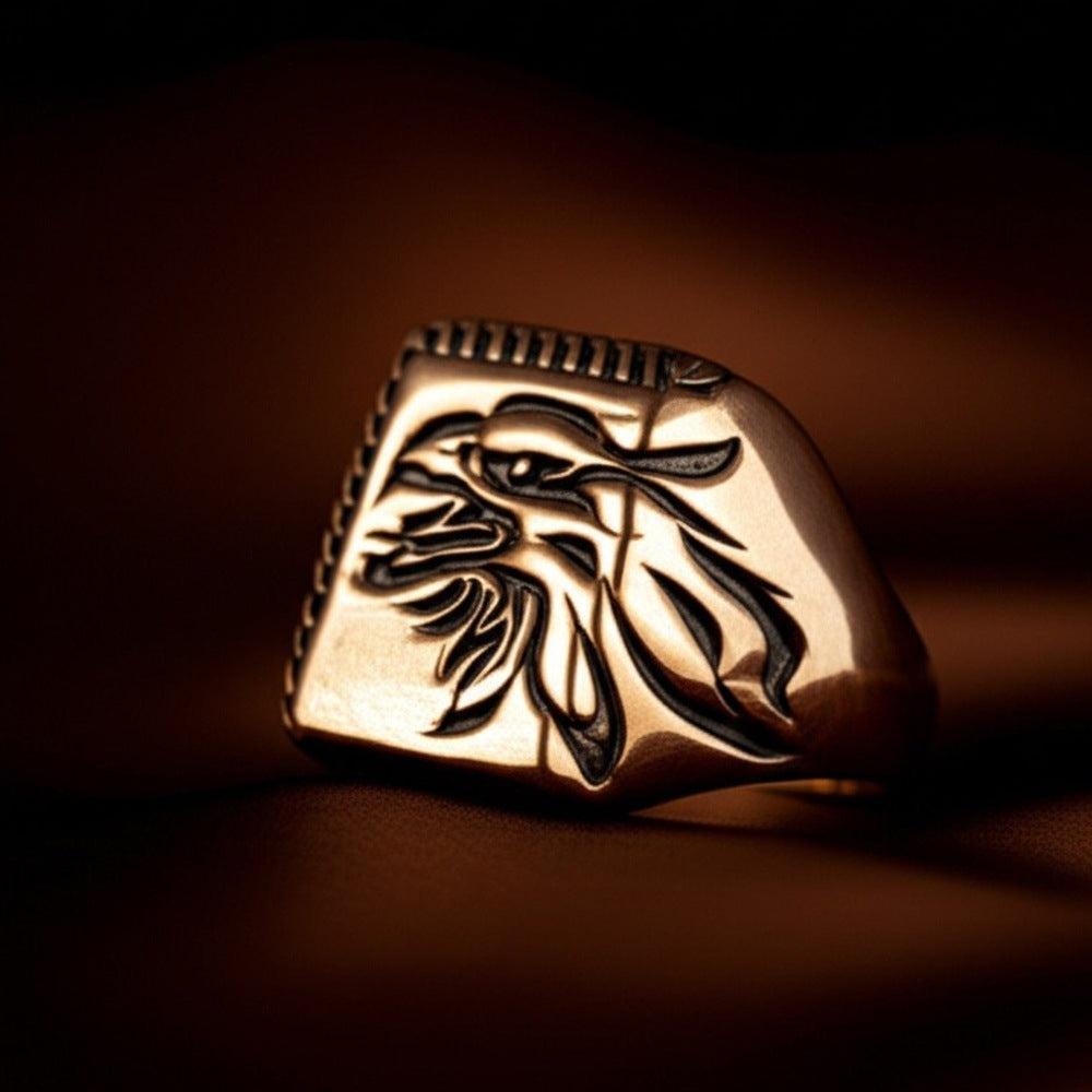 THE MEN THING Rings Royal Series - EAGLE FIRE RING - Pure Stainless Steel Men’s Gold-Plated Ring – Statement Luxury Jewelry (Size : 19-22-25)