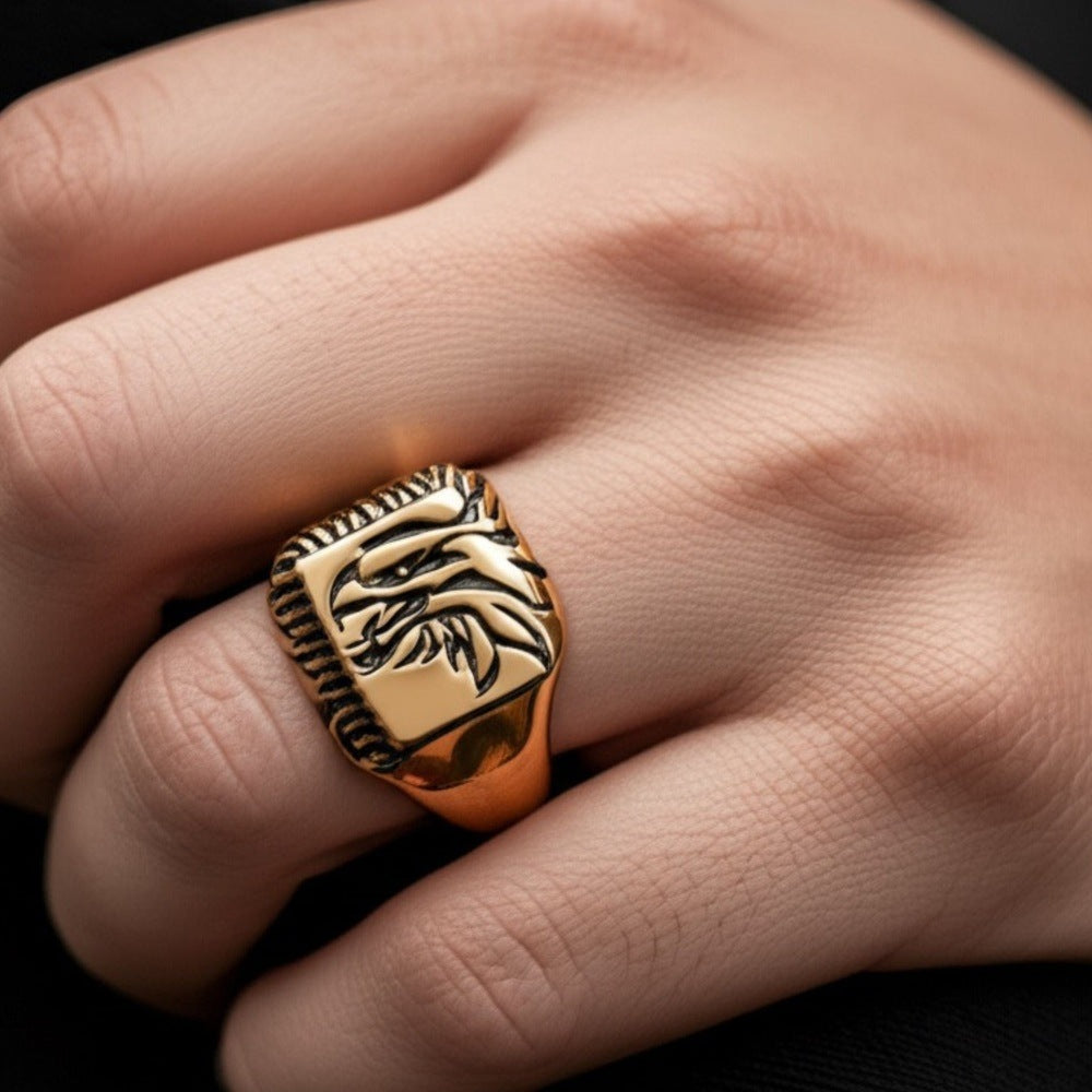 THE MEN THING Rings Royal Series - EAGLE FIRE RING - Pure Stainless Steel Men’s Gold-Plated Ring – Statement Luxury Jewelry (Size : 19-22-25)