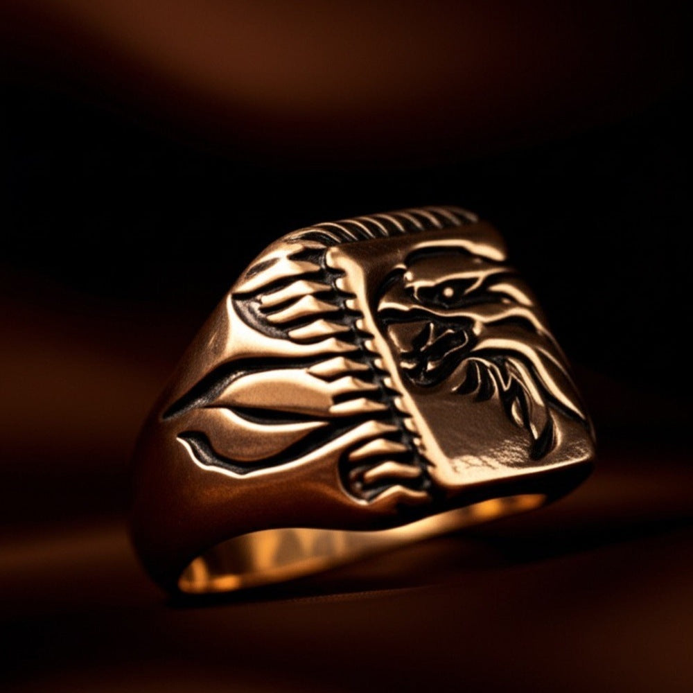 THE MEN THING Rings Royal Series - EAGLE FIRE RING - Pure Stainless Steel Men’s Gold-Plated Ring – Statement Luxury Jewelry (Size : 19-22-25)
