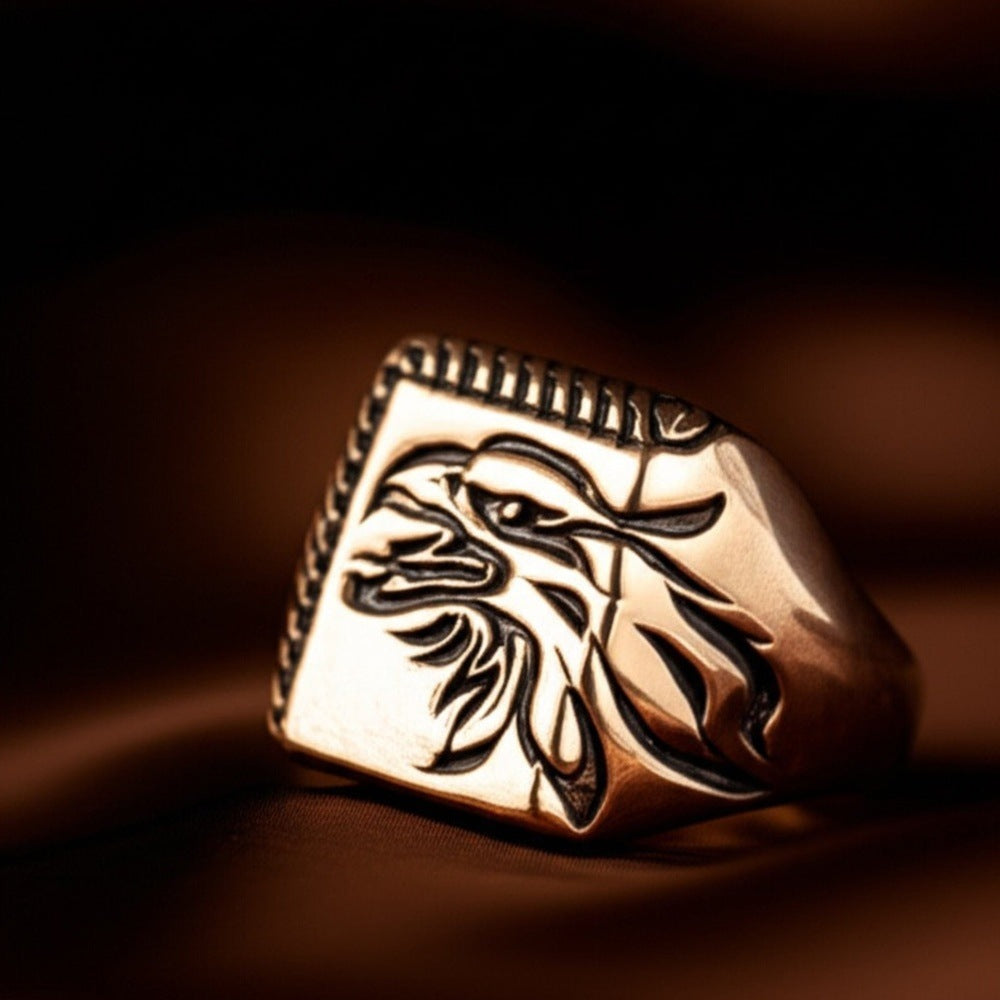 THE MEN THING Rings Royal Series - EAGLE FIRE RING - Pure Stainless Steel Men’s Gold-Plated Ring – Statement Luxury Jewelry (Size : 19-22-25)