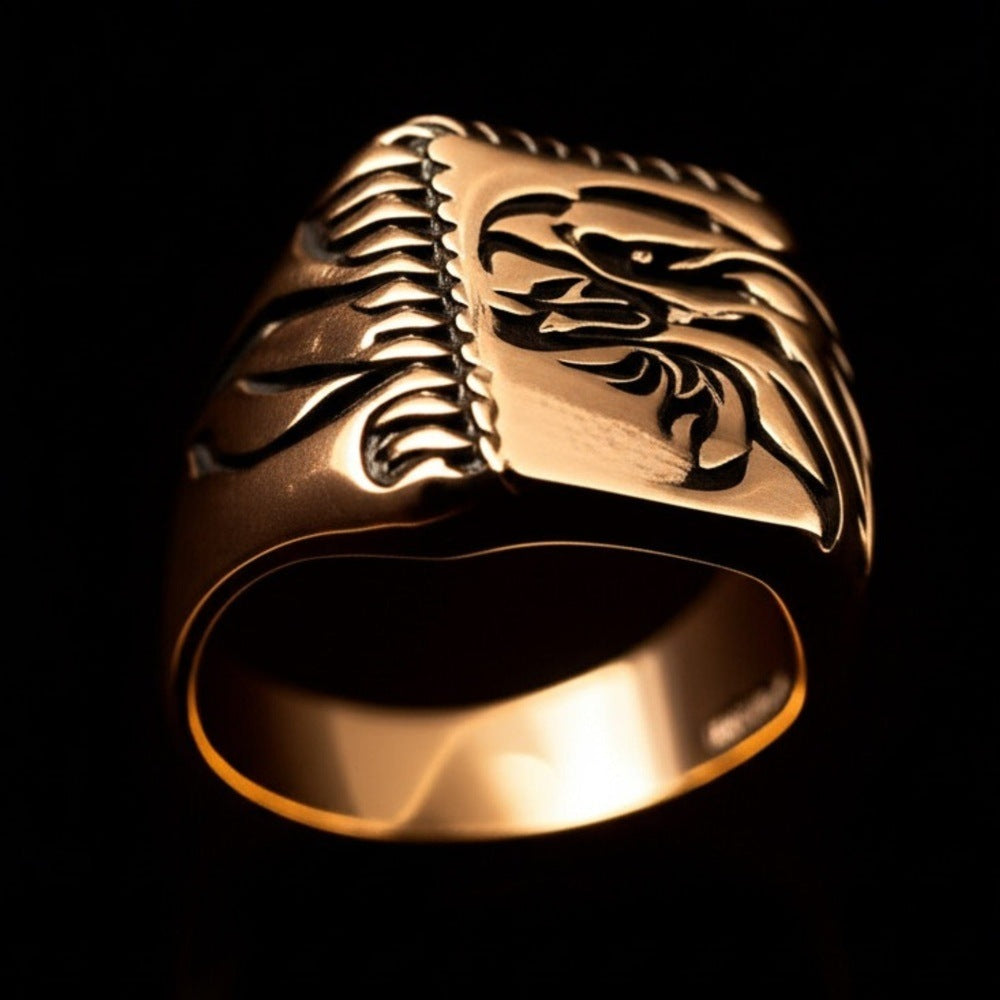 THE MEN THING Rings Royal Series - EAGLE FIRE RING - Pure Stainless Steel Men’s Gold-Plated Ring – Statement Luxury Jewelry (Size : 19-22-25)