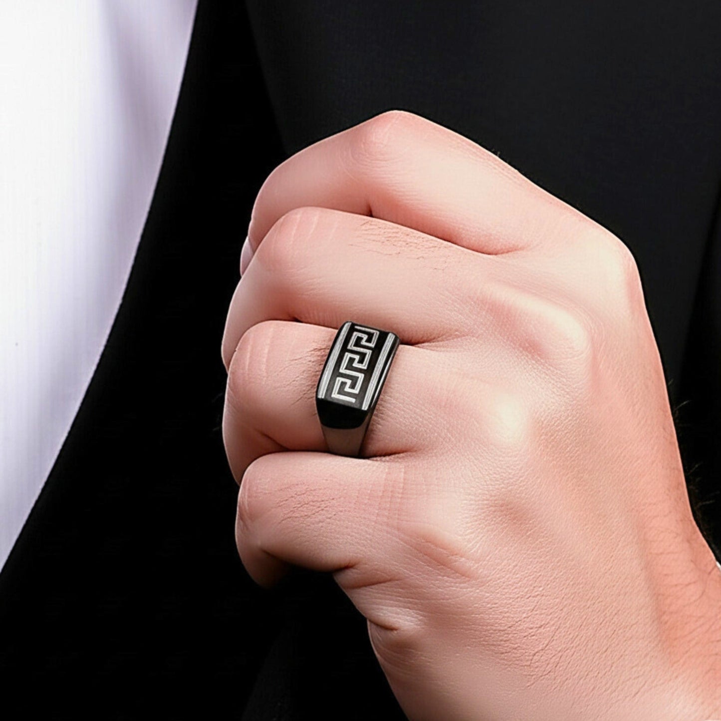 THE MEN THING Rings Royal Series - EZARO RING - Pure Stainless Steel Men’s Black-White Shell-Plated Ring – Statement Luxury Jewelry (Size : 18-21-23)