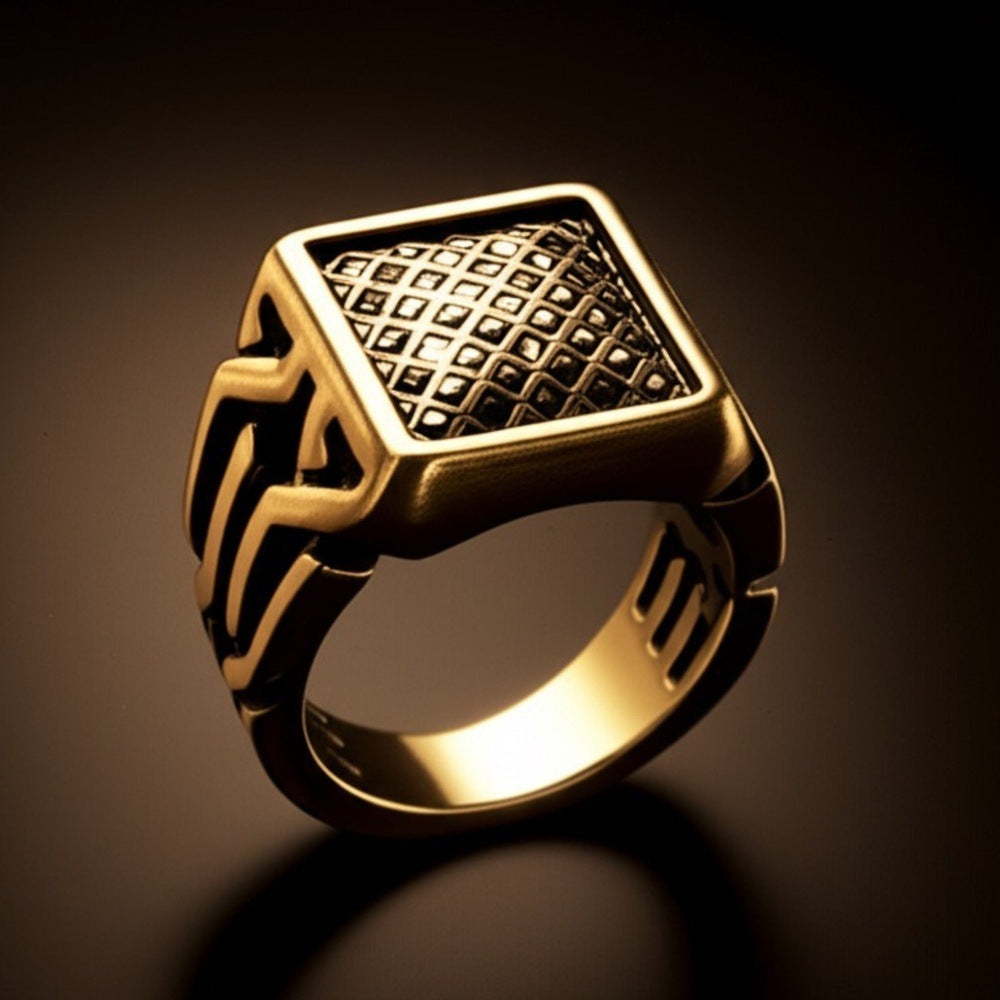 THE MEN THING Rings Royal Series - GOLDEN FORGE RING - Pure Stainless Steel Men’s Gold-Plated Ring – Statement Luxury Jewelry (Size : 17-22-25)