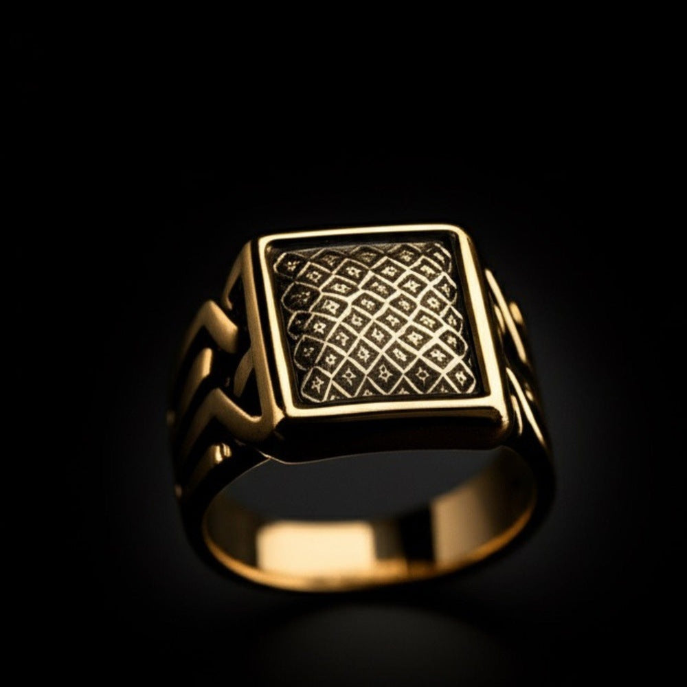 THE MEN THING Rings Royal Series - GOLDEN FORGE RING - Pure Stainless Steel Men’s Gold-Plated Ring – Statement Luxury Jewelry (Size : 17-22-25)