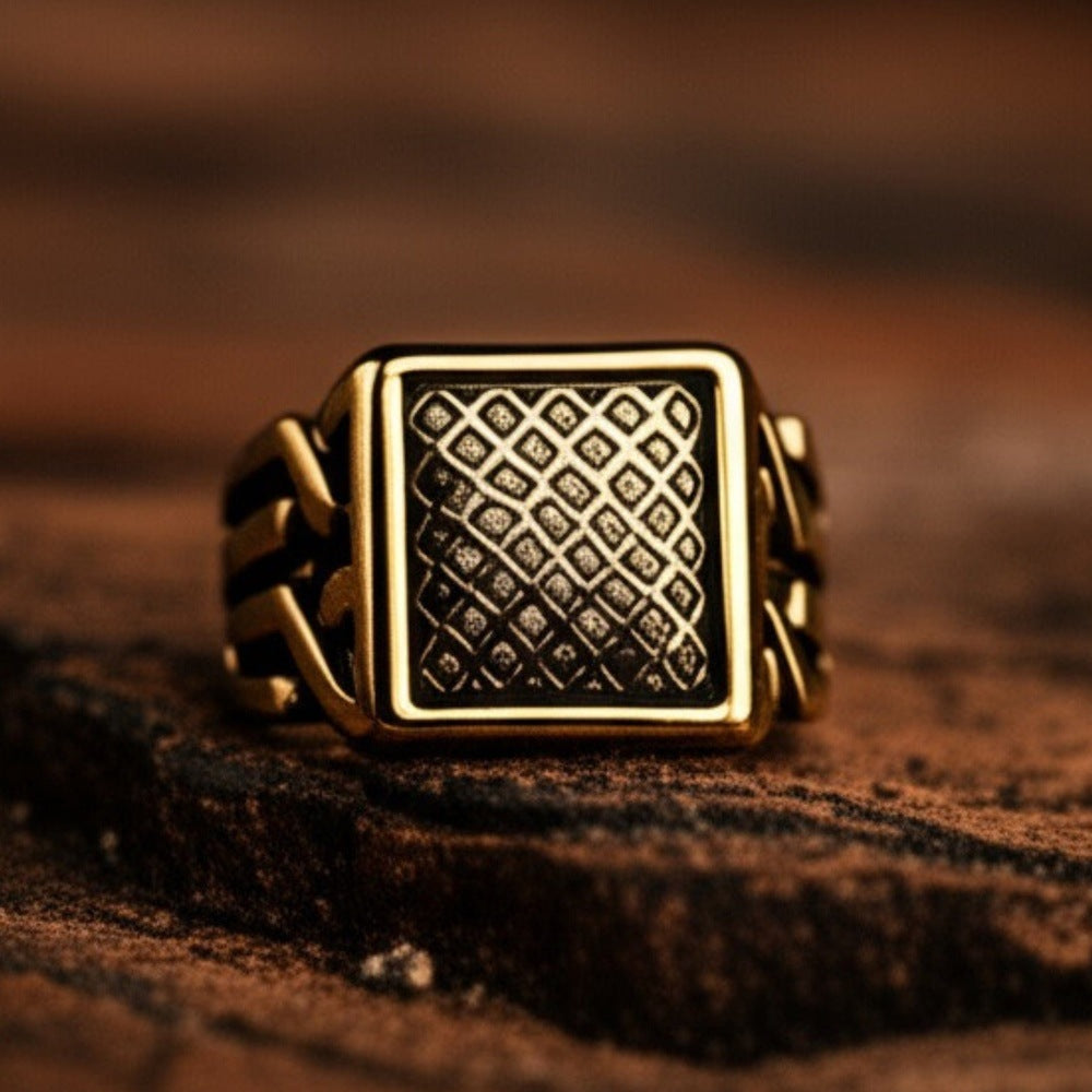 THE MEN THING Rings Royal Series - GOLDEN FORGE RING - Pure Stainless Steel Men’s Gold-Plated Ring – Statement Luxury Jewelry (Size : 17-22-25)
