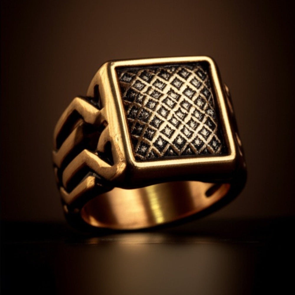 THE MEN THING Rings Royal Series - GOLDEN FORGE RING - Pure Stainless Steel Men’s Gold-Plated Ring – Statement Luxury Jewelry (Size : 17-22-25)