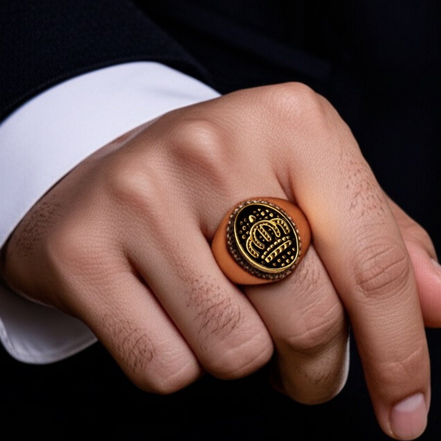 THE MEN THING Rings Royal Series - GOLDEN REIGN RING - Pure Stainless Steel Men’s Gold Black-Plated Ring – Statement Luxury Jewelry (Size : 19-24)