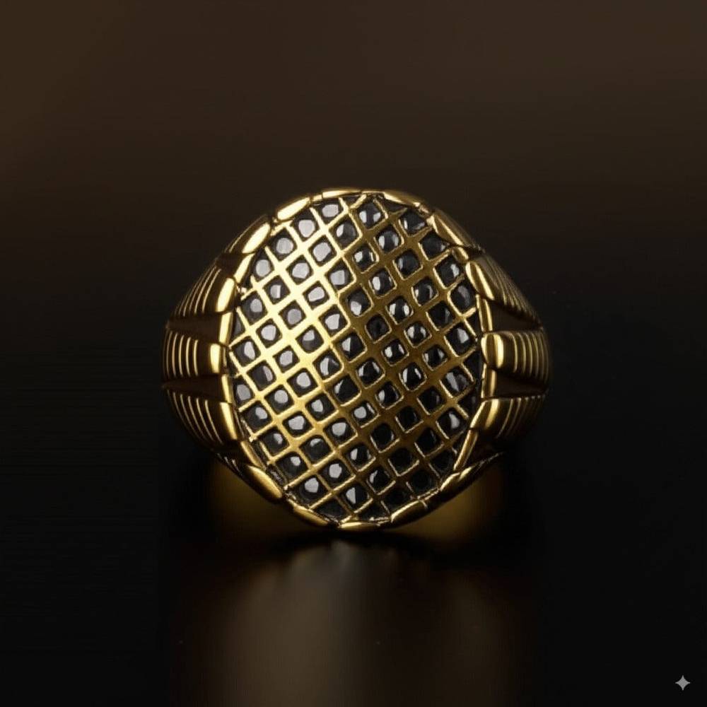 THE MEN THING Rings Royal Series - GRIDIRON MAJESTY RING - Pure Stainless Steel Men’s Gold-Plated Ring – Statement Luxury Jewelry (Size : 18-21-27)