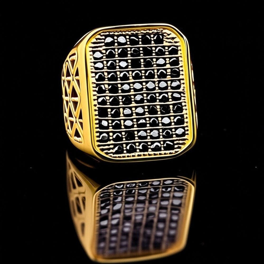 THE MEN THING Rings Royal Series - KING GRID Ring - Pure Stainless Steel Men’s Gold-Plated Black Stone Grid Ring – Statement Luxury Jewelry (Size : 18-21- 24)