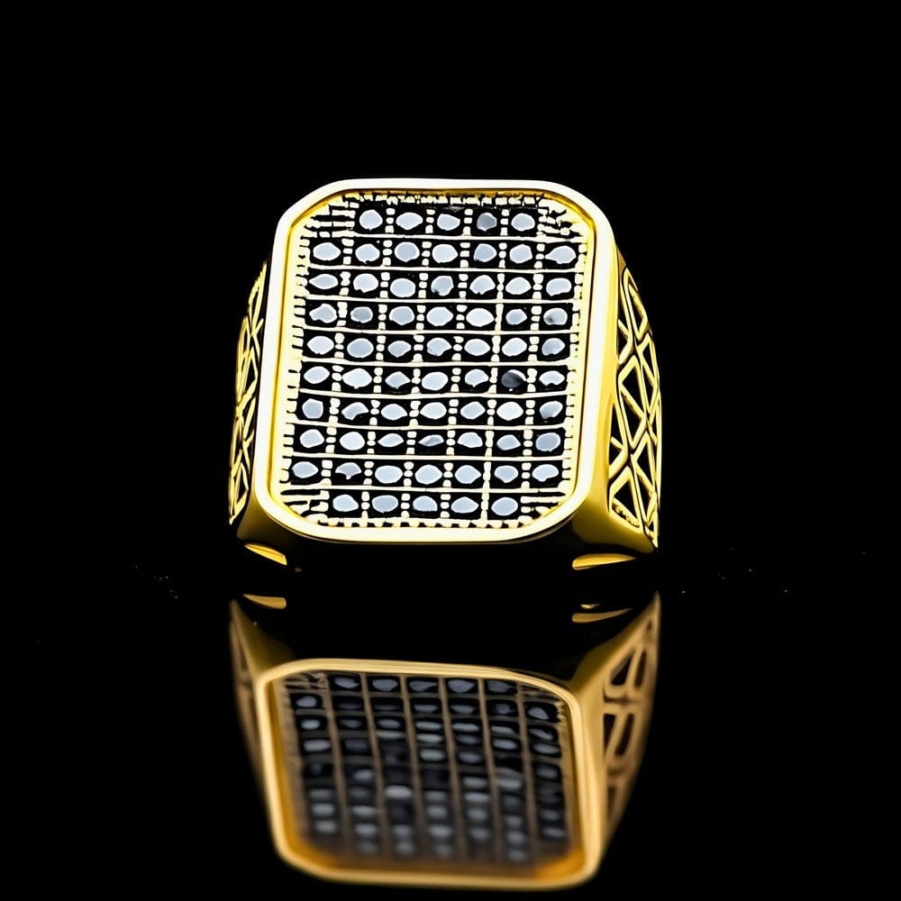 THE MEN THING Rings Royal Series - KING GRID Ring - Pure Stainless Steel Men’s Gold-Plated Black Stone Grid Ring – Statement Luxury Jewelry (Size : 18-21- 24)