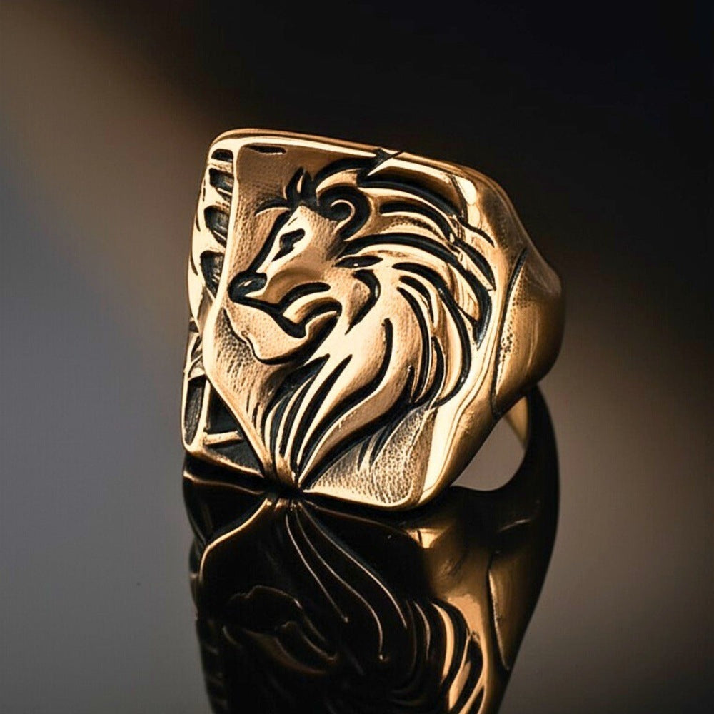 THE MEN THING Rings Royal Series - LION FLARE RING - Pure Stainless Steel Men’s Rose Gold-Plated Ring – Statement Luxury Jewelry (Size : 19-21-23)