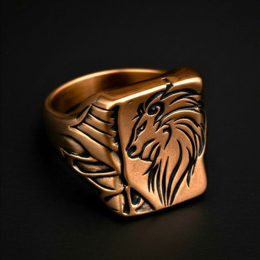 THE MEN THING Rings Royal Series - LION FLARE RING - Pure Stainless Steel Men’s Rose Gold-Plated Ring – Statement Luxury Jewelry (Size : 19-21-23)