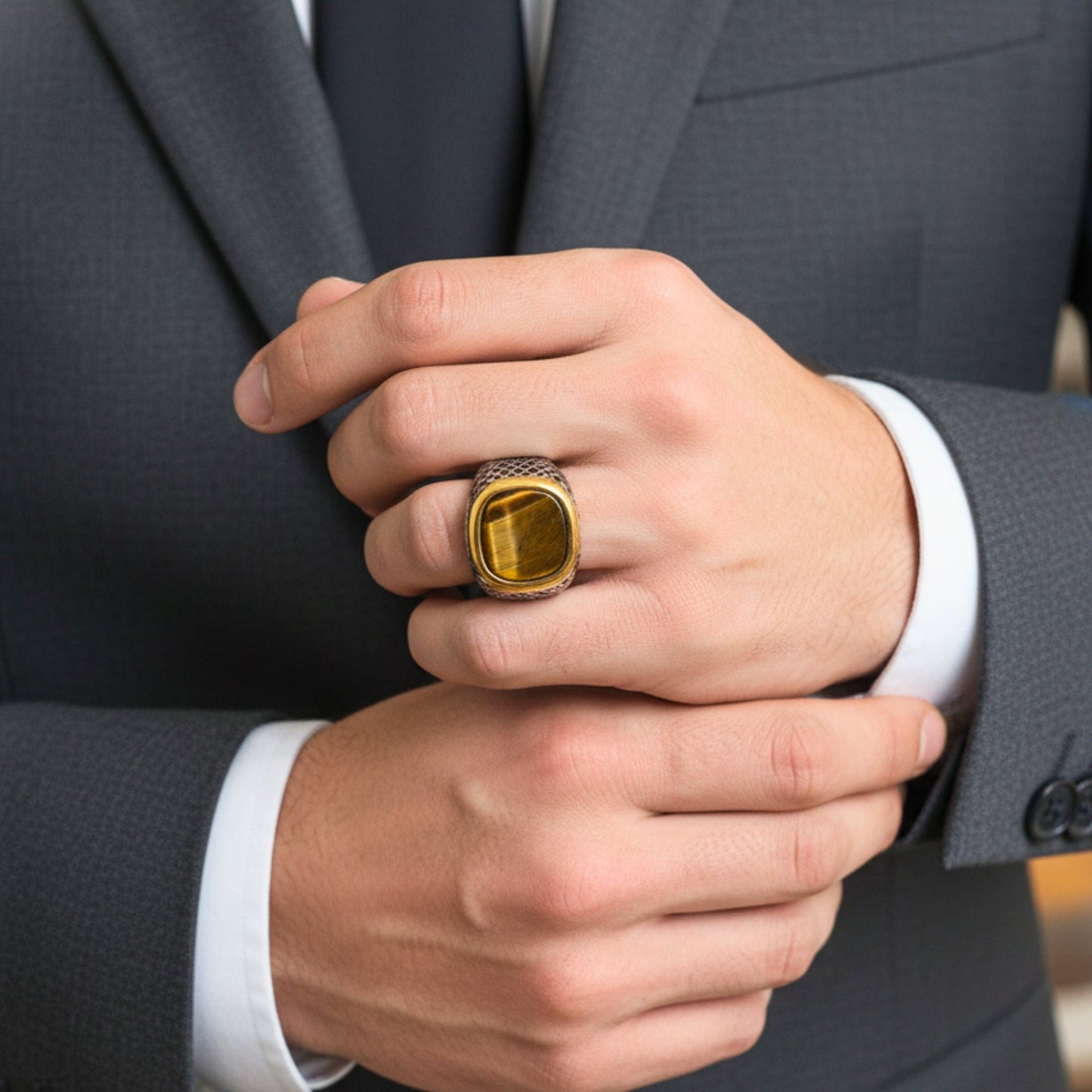 THE MEN THING Rings Royal Series - LUNAR EMBER RING - Pure Stainless Steel Men’s Steel-Gold-Plated Ring – Statement Luxury Jewelry (Size :15-16-17-18-21-22-23-25-26-27-28)