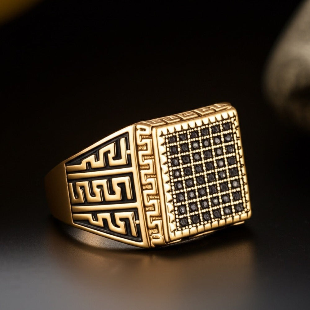 THE MEN THING Rings Royal Series - MAZE KING RING - Pure Stainless Steel Men’s Gold-Plated Ring – Statement Luxury Jewelry (Size : 20-24)