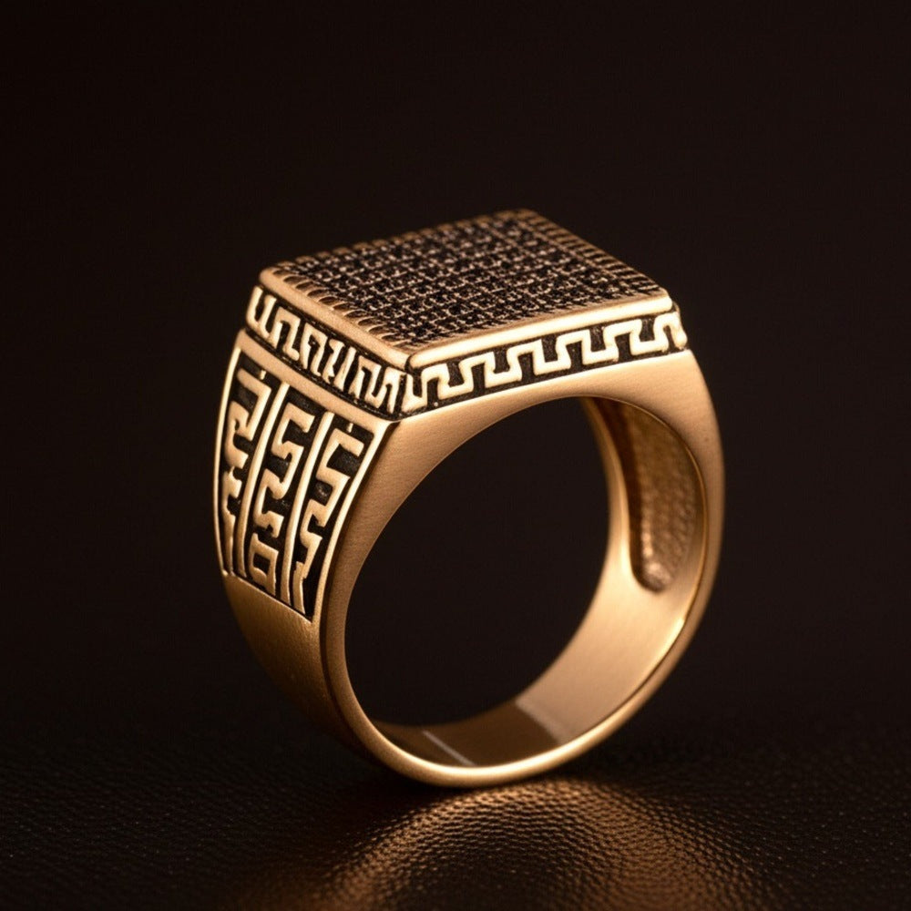 THE MEN THING Rings Royal Series - MAZE KING RING - Pure Stainless Steel Men’s Gold-Plated Ring – Statement Luxury Jewelry (Size : 20-24)