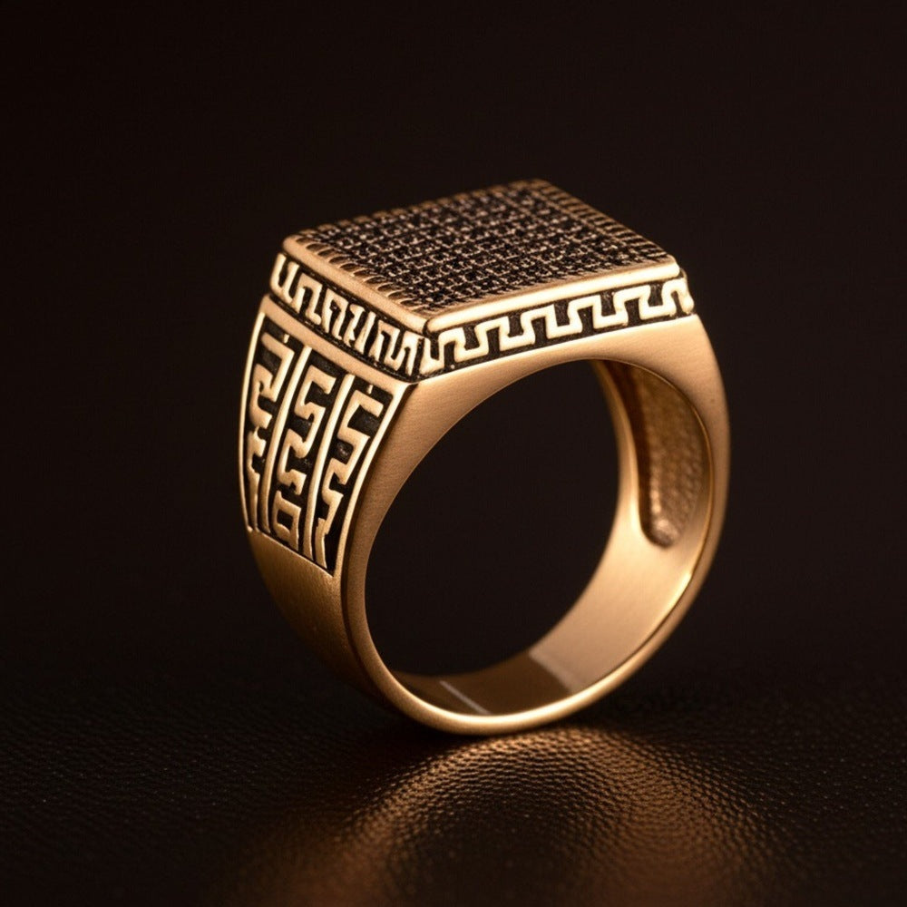 THE MEN THING Rings Royal Series - MAZE KING RING - Pure Stainless Steel Men’s Gold-Plated Ring – Statement Luxury Jewelry (Size : 20-24)