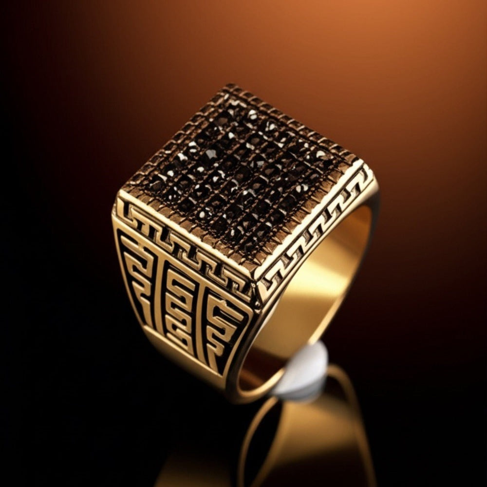 THE MEN THING Rings Royal Series - MAZE KING RING - Pure Stainless Steel Men’s Gold-Plated Ring – Statement Luxury Jewelry (Size : 20-24)