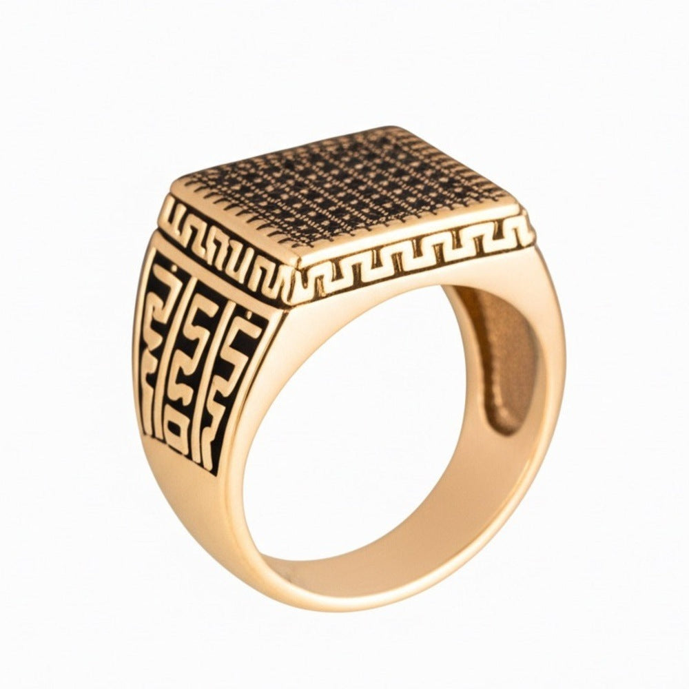 THE MEN THING Rings Royal Series - MAZE KING RING - Pure Stainless Steel Men’s Gold-Plated Ring – Statement Luxury Jewelry (Size : 20-24)