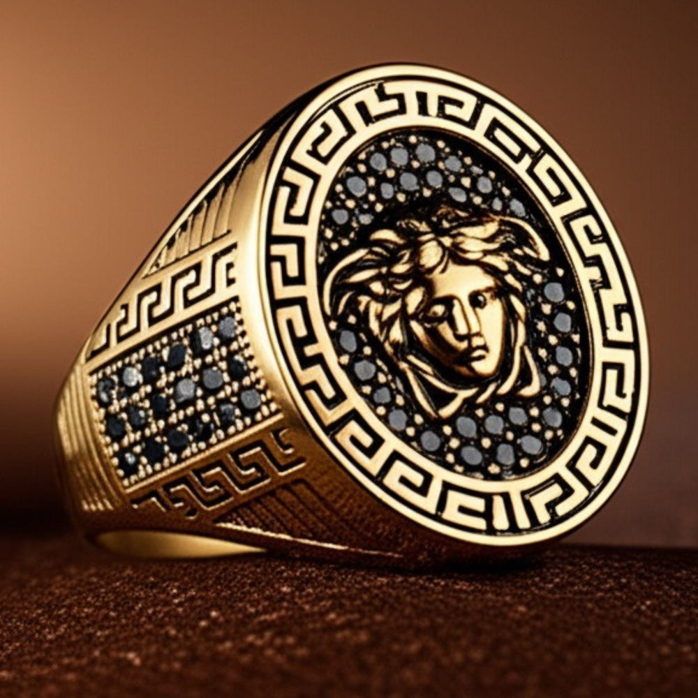 THE MEN THING Rings Royal Series - MEDUSA SIGNET RING - Pure Stainless Steel Men’s Gold-Plated Ring – Statement Luxury Jewelry (Size : 19-22-24)