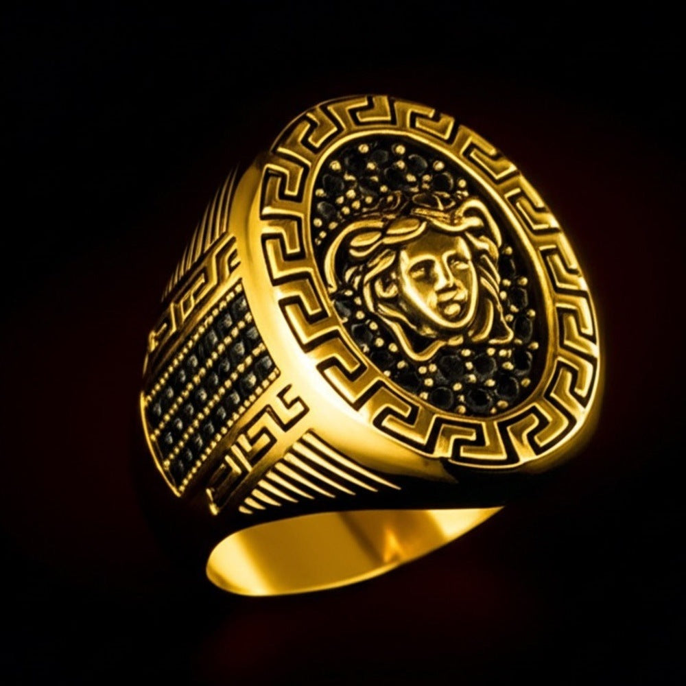 THE MEN THING Rings Royal Series - MEDUSA SIGNET RING - Pure Stainless Steel Men’s Gold-Plated Ring – Statement Luxury Jewelry (Size : 19-22-24)