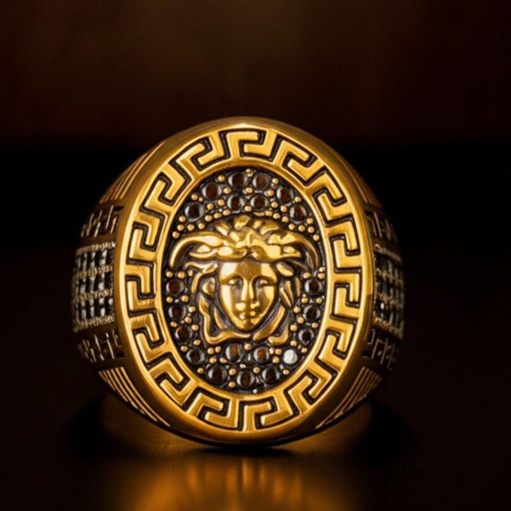 THE MEN THING Rings Royal Series - MEDUSA SIGNET RING - Pure Stainless Steel Men’s Gold-Plated Ring – Statement Luxury Jewelry (Size : 19-22-24)