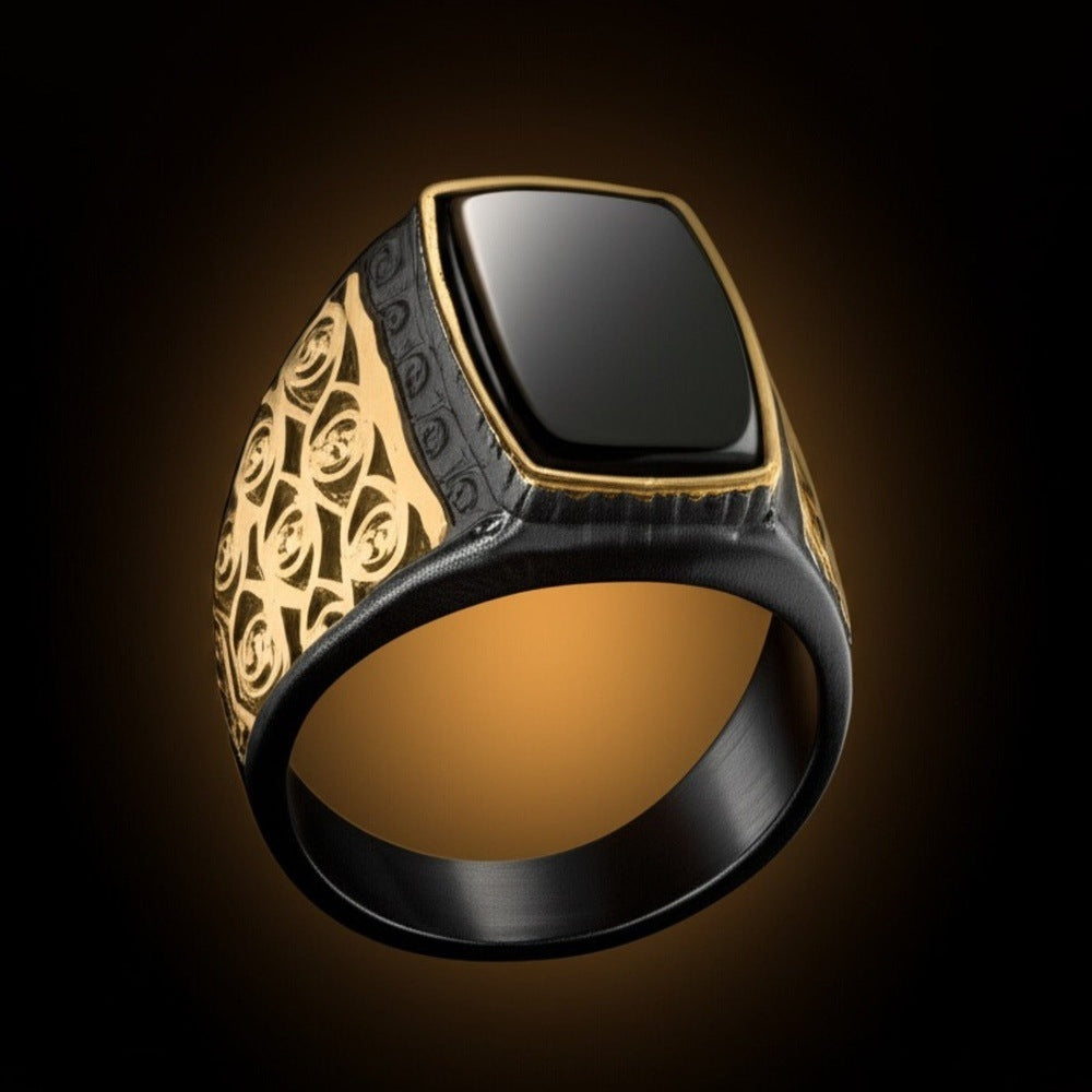 THE MEN THING Rings Royal Series - MIDNIGHT ORACLE RING - Pure Stainless Steel Men’s Black-Gold-Plated Ring – Statement Luxury Jewelry (Size : 19-21-24)