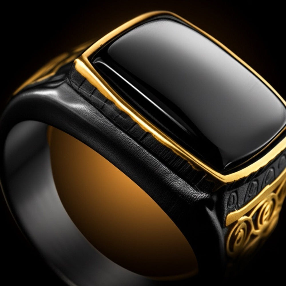 THE MEN THING Rings Royal Series - MIDNIGHT ORACLE RING - Pure Stainless Steel Men’s Black-Gold-Plated Ring – Statement Luxury Jewelry (Size : 19-21-24)