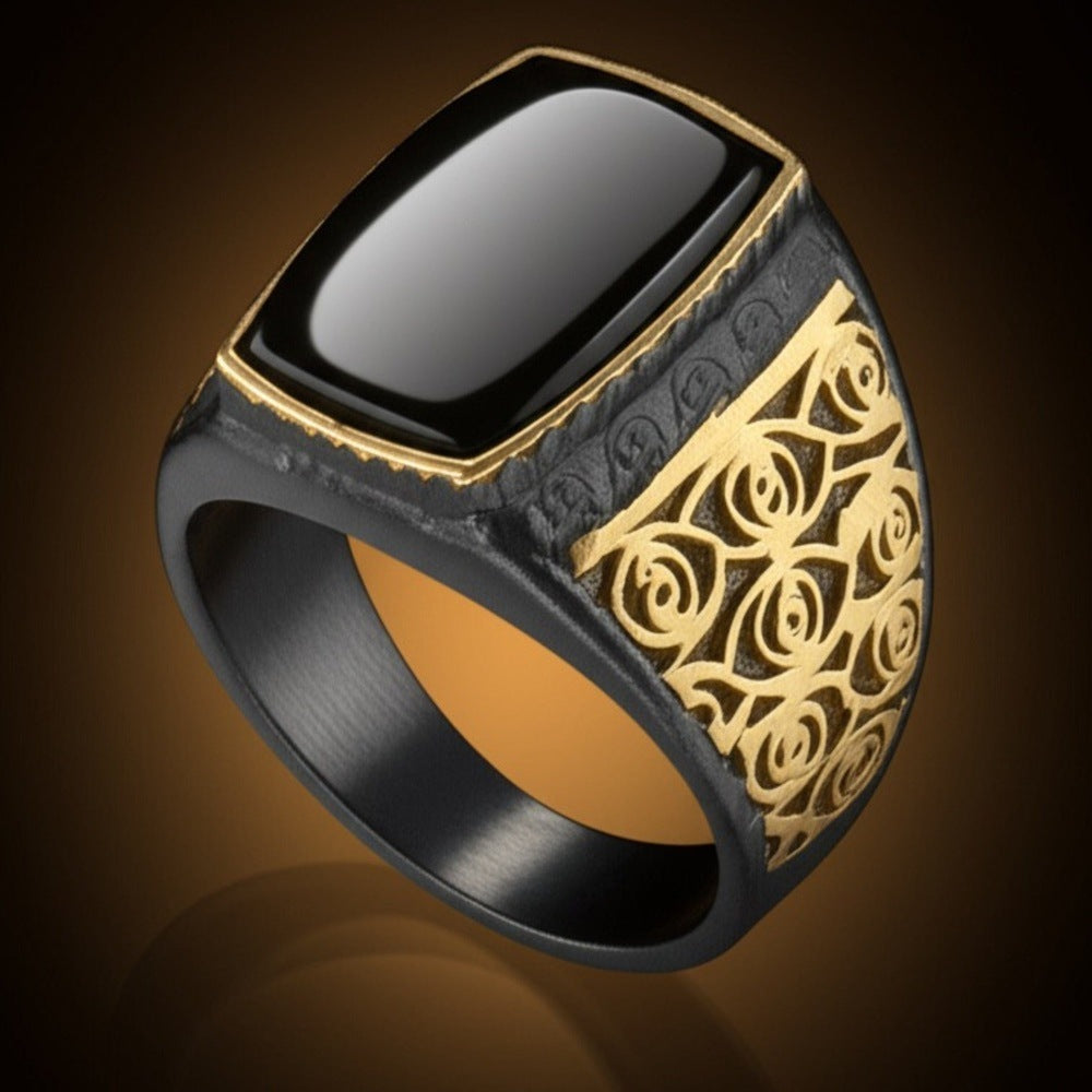 THE MEN THING Rings Royal Series - MIDNIGHT ORACLE RING - Pure Stainless Steel Men’s Black-Gold-Plated Ring – Statement Luxury Jewelry (Size : 19-21-24)