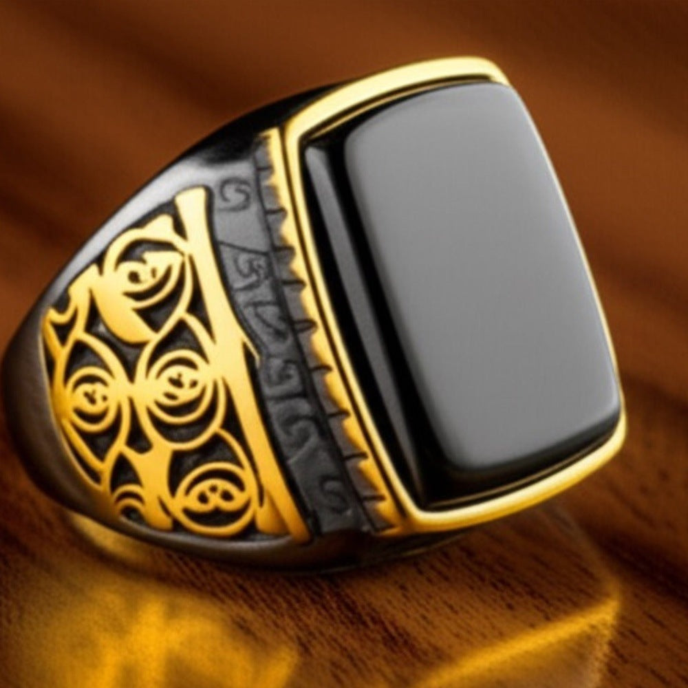 THE MEN THING Rings Royal Series - MIDNIGHT ORACLE RING - Pure Stainless Steel Men’s Black-Gold-Plated Ring – Statement Luxury Jewelry (Size : 19-21-24)