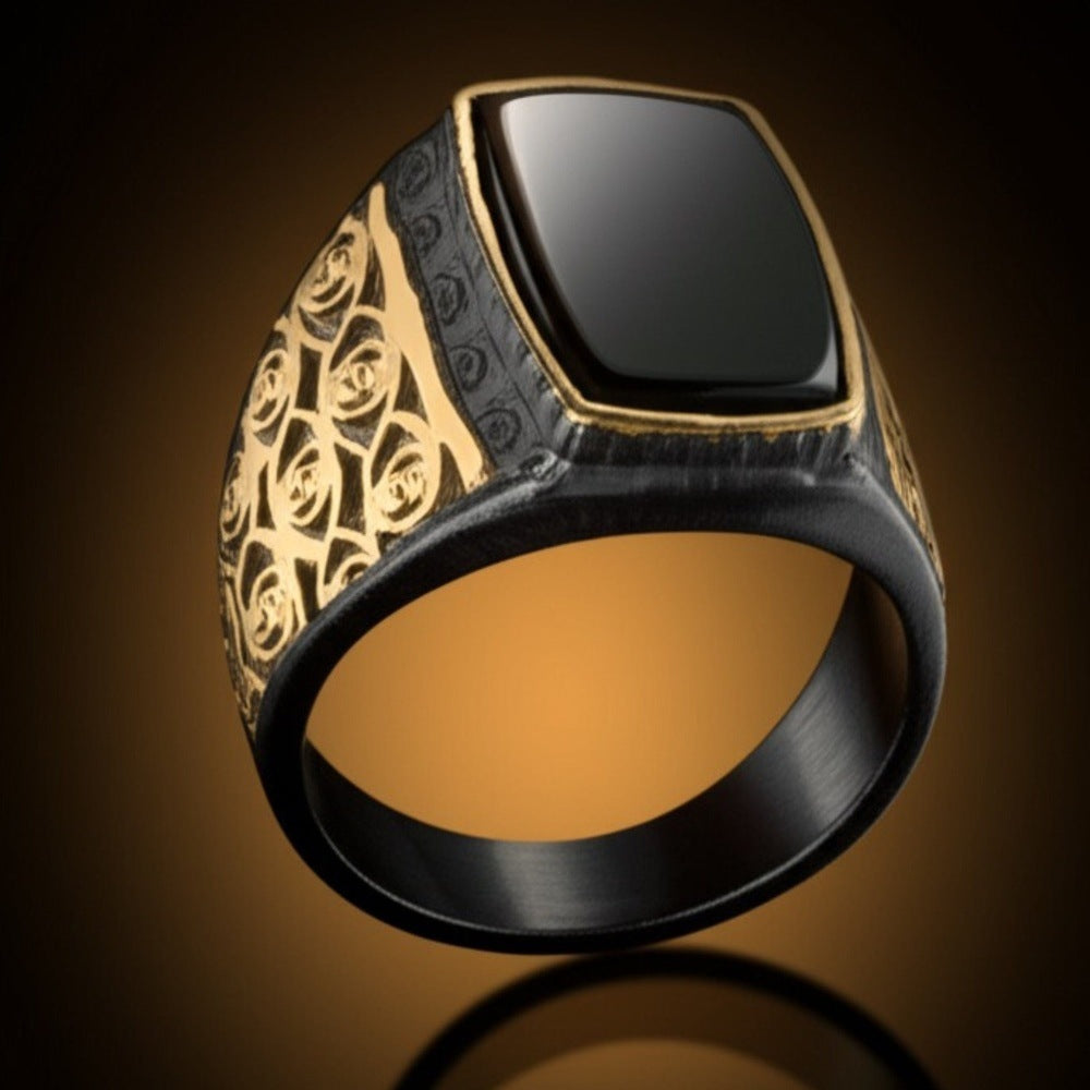 THE MEN THING Rings Royal Series - MIDNIGHT ORACLE RING - Pure Stainless Steel Men’s Black-Gold-Plated Ring – Statement Luxury Jewelry (Size : 19-21-24)