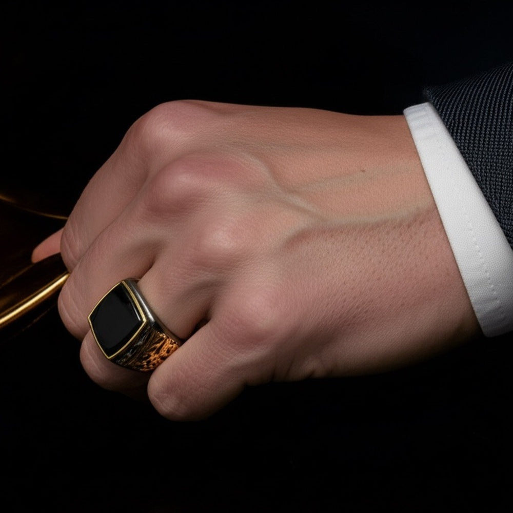 THE MEN THING Rings Royal Series - MIDNIGHT ORACLE RING - Pure Stainless Steel Men’s Black-Gold-Plated Ring – Statement Luxury Jewelry (Size : 19-21-24)