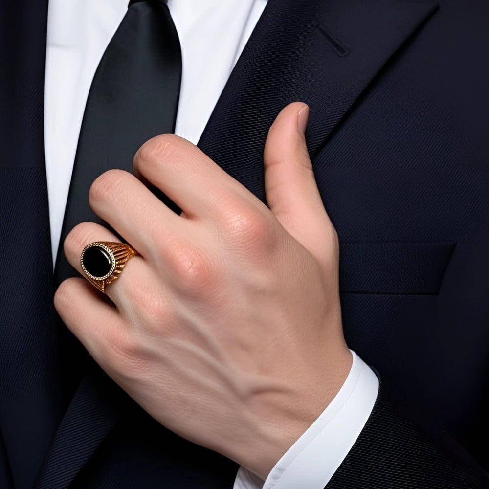THE MEN THING Rings Royal Series - NIGHT EMBER RING - Pure Stainless Steel Men’s Rose Gold-Plated Black Onyx Ring – Statement Luxury Jewelry (Size : 19-22-24)