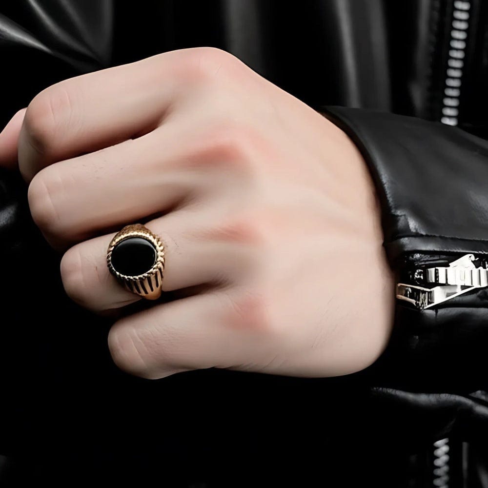 THE MEN THING Rings Royal Series - NIGHT EMBER RING - Pure Stainless Steel Men’s Rose Gold-Plated Black Onyx Ring – Statement Luxury Jewelry (Size : 19-22-24)
