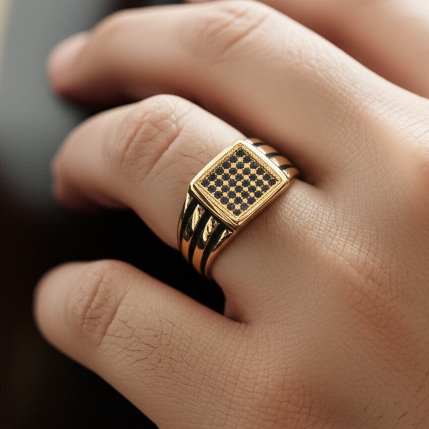 THE MEN THING Rings Royal Series - NIGHTFALL SQUARE RING - Pure Stainless Steel Men’s Gold-Plated Ring – Statement Luxury Jewelry (Size : 18-24)