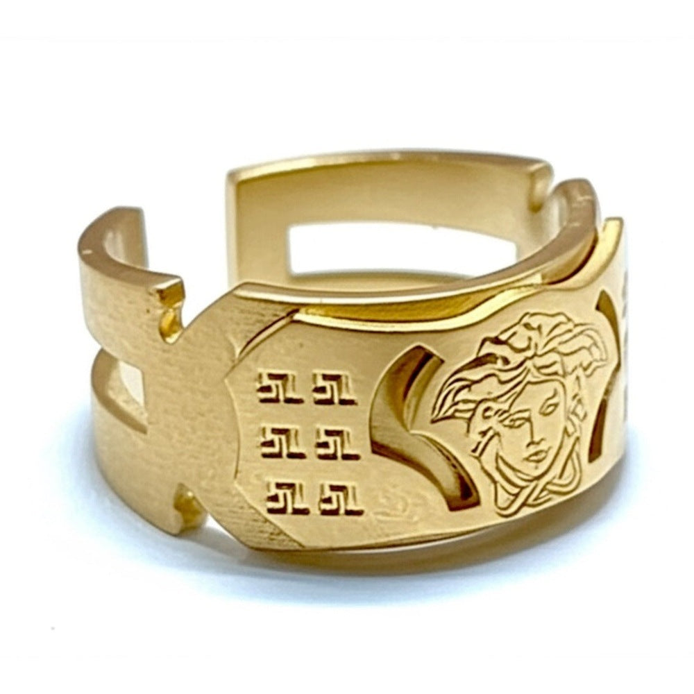 THE MEN THING Rings Royal Series - ORBIT BAND RING - Pure Stainless Steel Men’s Gold-Plated Ring – Statement Luxury Jewelry (Size : 15-18-21-23)