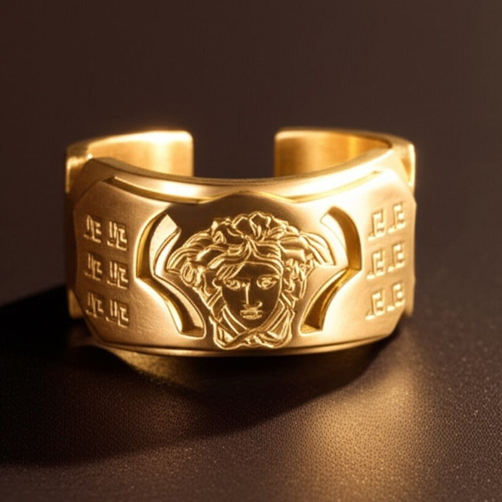 THE MEN THING Rings Royal Series - ORBIT BAND RING - Pure Stainless Steel Men’s Gold-Plated Ring – Statement Luxury Jewelry (Size : 15-18-21-23)